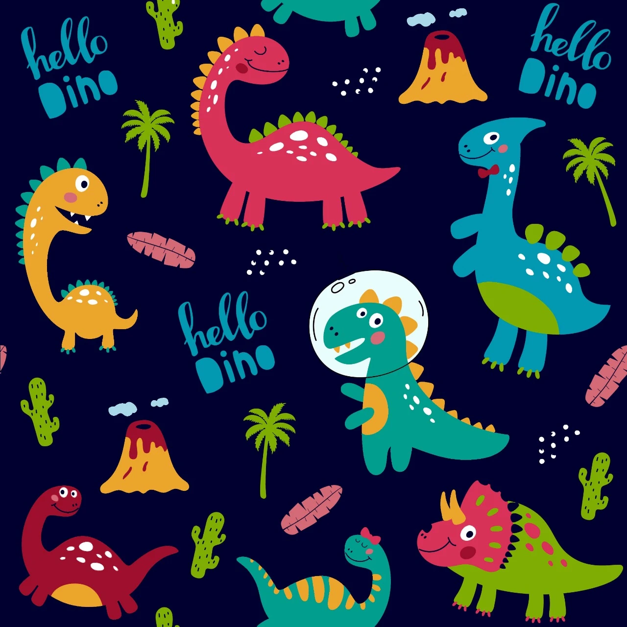 Heavy Twill Bonded | 290 Gsm | Hello Dino Print | Navy Blue