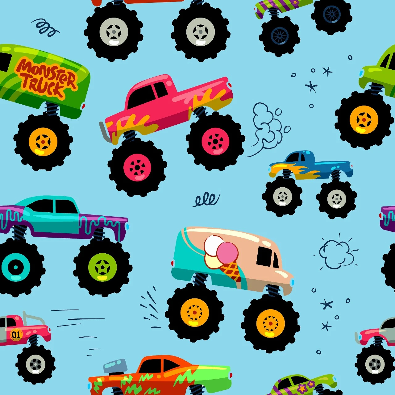 Heavy Twill Bonded | 290 Gsm | Car Print | Sky Blue