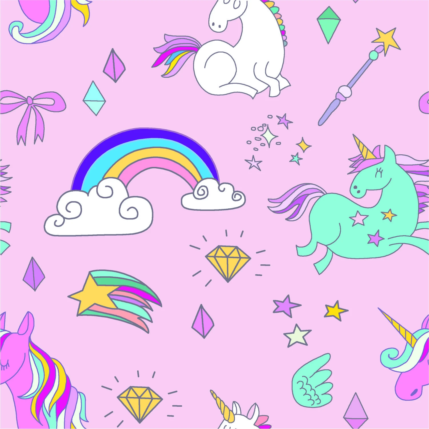 Printed Heavy Twill Bonded Fabric | 260 GSM | Magic Gem Unicorn Dreams | Pink