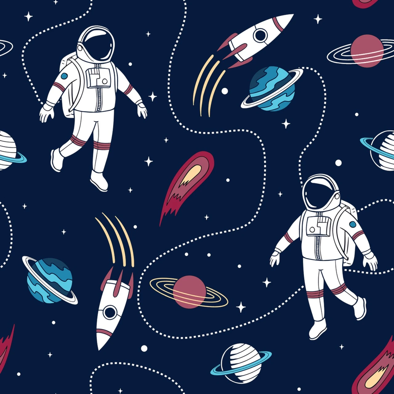 Astronaut & Rocket Heavy Twill Bonded Fabric 260 GSM | Neavy Blue