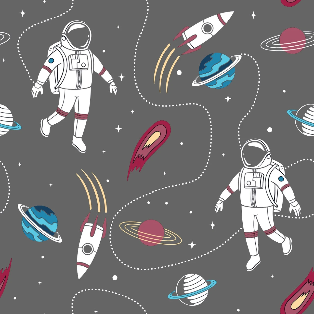 Astronaut & Rocket Heavy Twill Bonded Fabric 260 GSM | Gray